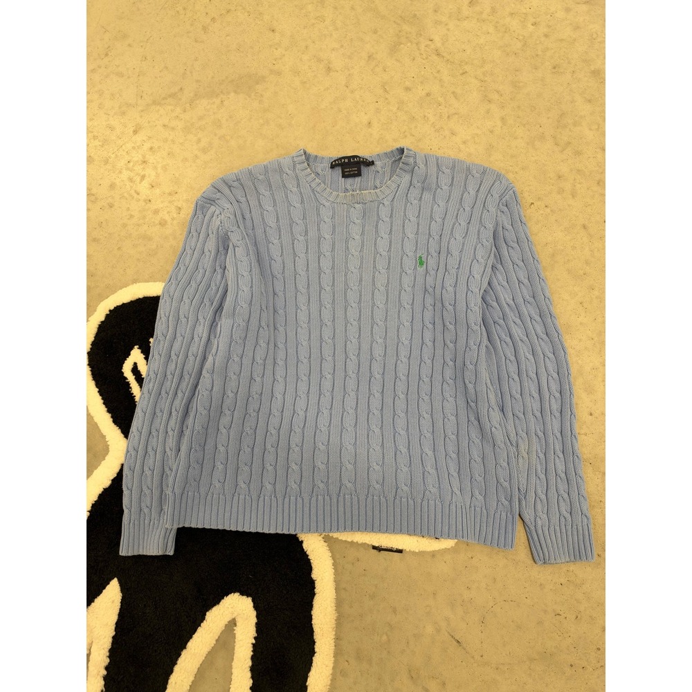 Ralph Lauren Light Blue Cable Knit Cotton Crewneck Sweater Green Pony Logo Large